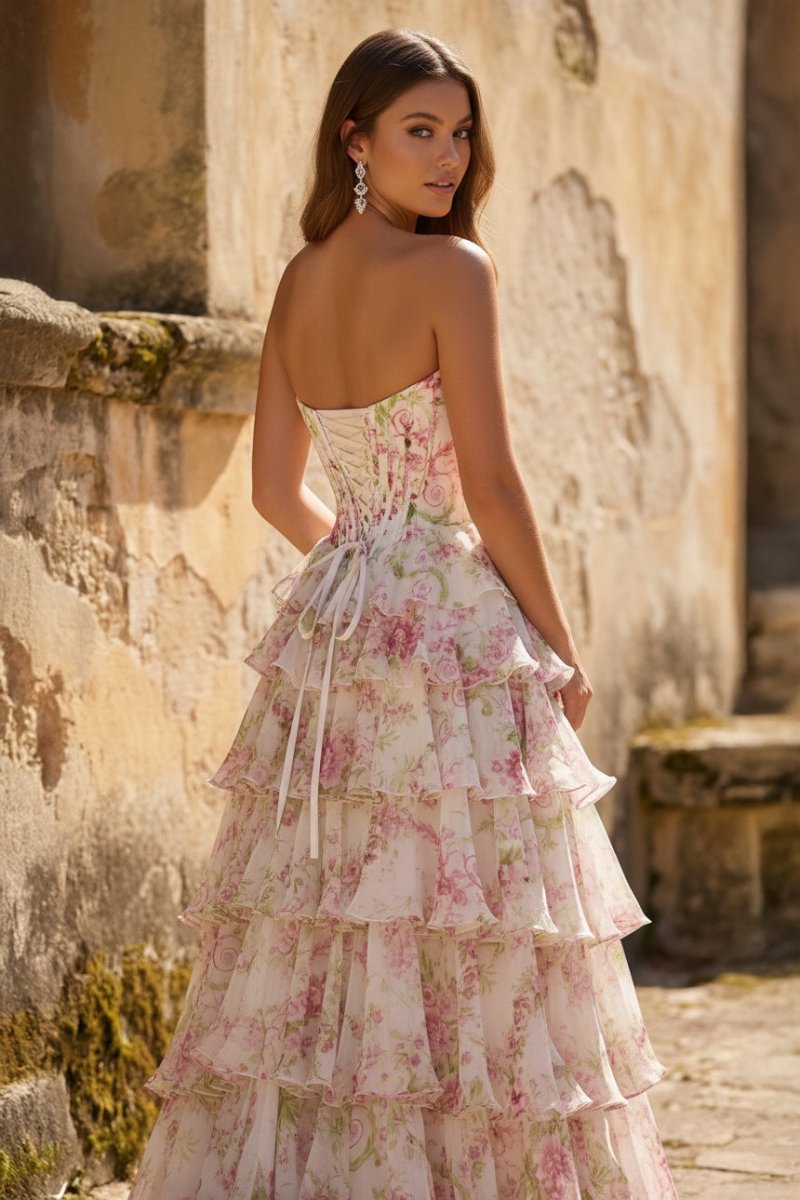 A Line Floral Blush Tiered Chiffon Long Corset Prom Dress with Slit