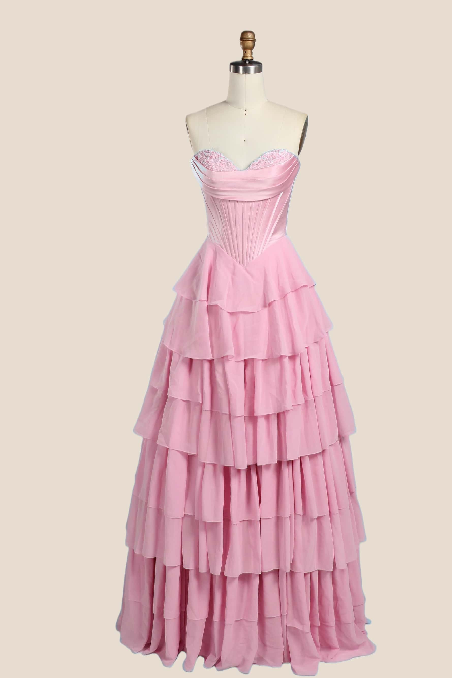 Blue Corset Chiffon Tiered Formal Gown