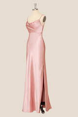Cowl Neck Pink Sheath Long Party Dress