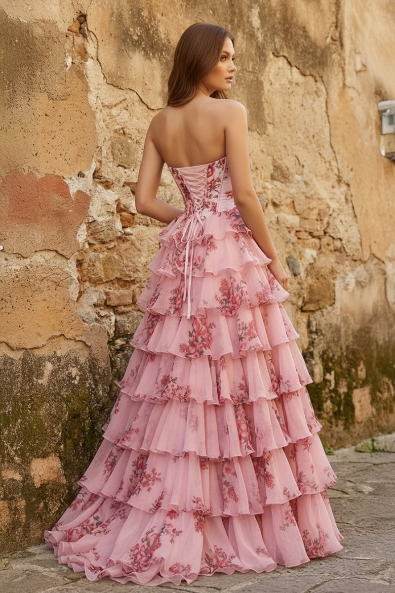A Line Floral Blush Tiered Chiffon Long Corset Prom Dress with Slit