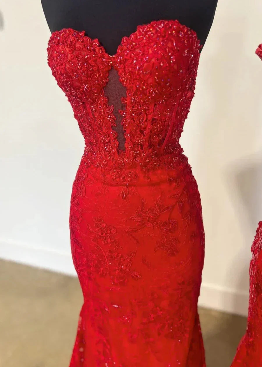 Black Sweetheart Lace Appliques Mermaid Long Prom Dresses