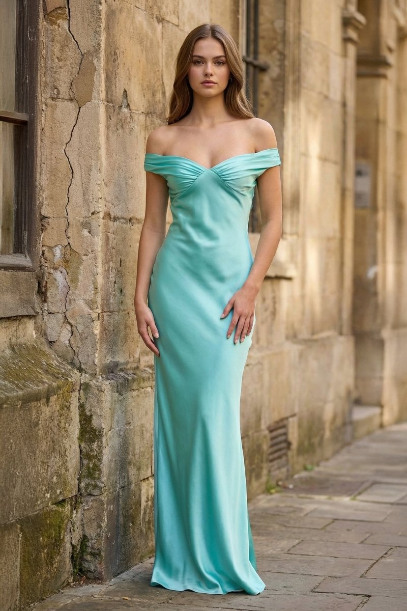 Aqua Off The Shoulder Sheath Satin Long Prom Dress