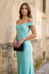 Aqua Off The Shoulder Sheath Satin Long Prom Dress